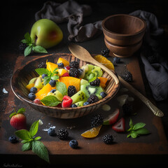 Fototapeta na wymiar Fruits Salad on Wooden Background
