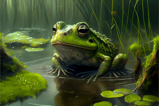 Green toad sits on a swamp. AI generated