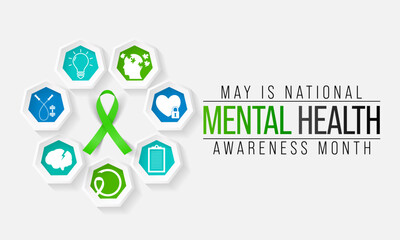 Mental health awareness month observed each year in May. it includes our emotional, psychological, and social well-being. It affects how we think, feel, and act. Vector illustration
