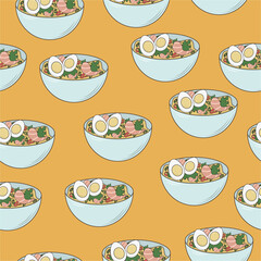 Seamless pattern with bowl with ramen and on yellow background. Illustration on the theme of asian food