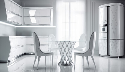 Fototapeta premium Kitchen, futuristic design, white color, white background, furniture, table, chairs, stove, extractor hood, chandelier, mixer, sideboard, closet, Generative AI