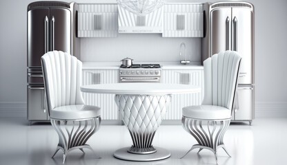 Kitchen, futuristic design, white color, white background, furniture, table, chairs, stove, extractor hood, chandelier, mixer, sideboard, closet, Generative AI