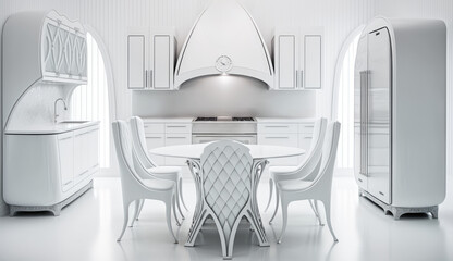 Kitchen, futuristic design, white color, white background, furniture, table, chairs, stove, extractor hood, chandelier, mixer, sideboard, closet, Generative AI