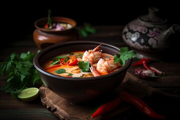 Yom yum kung spicy Thai soup with shrimp in a black bowl. Thailand food. Taste of heritage. Generative AI