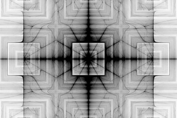Black pattern of curved shapes and rays with squares on a white background. Abstract fractal 3D rendering