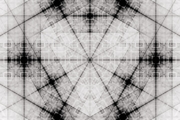 Black pattern of curved shapes and rays on a white background. Abstract fractal 3D rendering