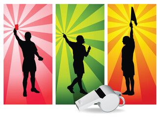 Soccer referee silhouettes - showing the red card, offside, goal, var, vector sport illustration on Retro background with whistle 