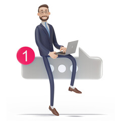 3d character modern businessman with laptop sitting on silver bubble talk. Social media concept.