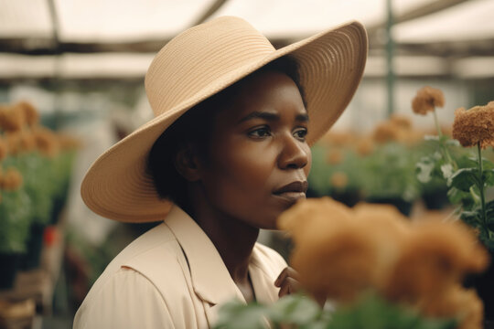 African woman working in a greenhouse flower plant nurse.