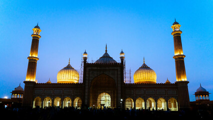 Night view of Jama Masjid, one of the largest Indian mosques, built by mughal, located in New...
