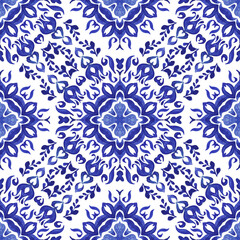 Azulejo Portuguese style tile. Gorgeous seamless blue floral watercolor pattern mediterranean tiles design.