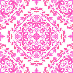 Seamless pattern handdrawn watercolor ornament pink and white with floral elements