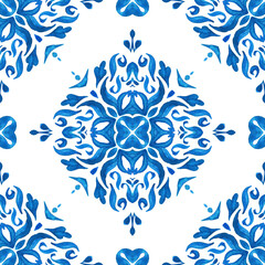 Abstract seamless ornamental watercolor damask arabesque paint pattern. Gorgeous ceramic tile design