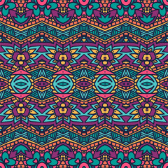 Ethnic boho geometric psychedelic colorful print with doodle Vector seamless pattern Bohemian style