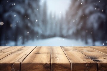 White Winter Scene. Empty Wooden Table on Snowy Blur Background with Copy Space and Bokeh Lights - Mockup Product Display