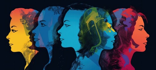 Colourful overlapping silhouettes of head profiles - Generative AI Illustration