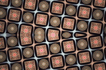 Orange checkered pattern of squares and circles on a black background. Abstract fractal 3D rendering