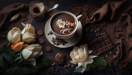 coffee, chocolate, flowers, on rough cloth, brown, dark