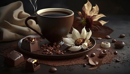 coffee, chocolate, flowers, on rough cloth, brown, dark