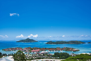 View of eden island, St Anne island and the marine park of St Anne, Mahe Seychelles