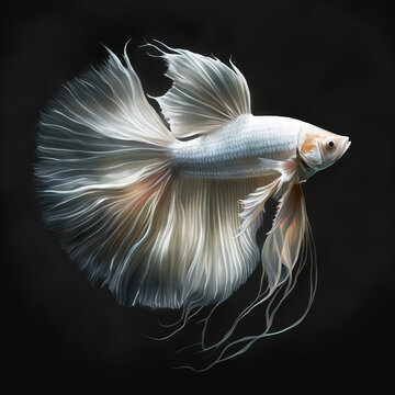 Image of white betta fish with long beautiful tails on a black background. Pet. illustration. Generative AI.
