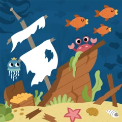 Vector under the sea landscape illustration with wrecked ship and treasure chest. Ocean life scene with sand, seaweeds, corals, reefs. Cute square water nature background. Shipwreck picture for kids.