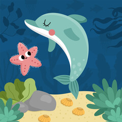 Vector under the sea landscape illustration with dolphin and starfish. Ocean life scene with sand, seaweeds, corals, reefs. Cute square water nature background. Aquatic picture for kids.