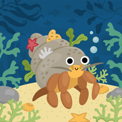 Vector under the sea landscape illustration with hermit crab. Ocean life scene with sand, seaweeds, corals, reefs. Cute square water nature background. Aquatic picture for kids.