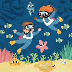 Fototapeta na wymiar Vector under the sea landscape illustration with kid divers. Ocean life scene with sand, seaweeds, corals, reefs. Cute square water nature background. Aquatic picture for children.