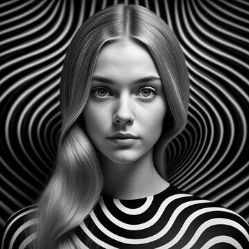 Black and white Op Art portrait of a woman created with Generative AI technology