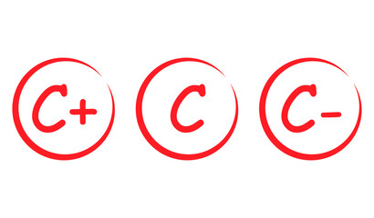 Set of Grade result C. Hand drawn icon in red circle. Test exam mark report vector illustration