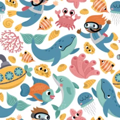 Foto auf Acrylglas Meeresleben Vector under the sea seamless pattern. Repeat background with cute fish, seaweeds, divers, submarine. Ocean life digital paper. Funny water animals and weeds illustration with dolphin and whale.