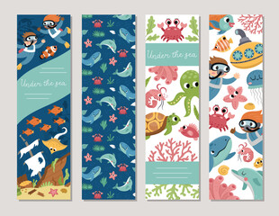 Cute under the sea vertical cards set with dolphin, whale, tortoise, octopus. Vector ocean life vertical print templates. Aquatic bookmark design for tags, postcards, ads, local market. - obrazy, fototapety, plakaty