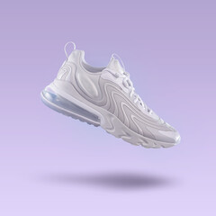 White sneaker  sport shoe on a purple gradient background, men's fashion, sport shoe, air, sneakers, lifestyle, concept, product photo, levitation concept, street wear, trainers