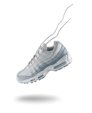 White sneaker with light blue accents on a white isolated background, men's fashion, sport shoe, air, sneakers, lifestyle, concept, product photo, levitation concept, street wear, trainers