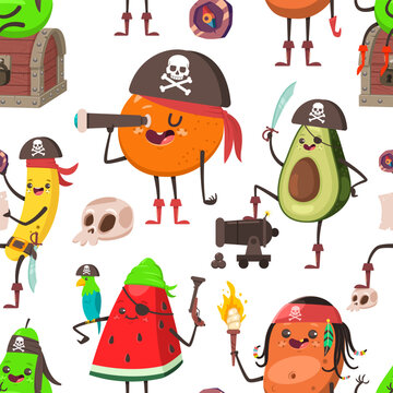 Funny pirate fruit vector cartoon seamless pattern background for wallpaper, wrapping, packing, and backdrop.