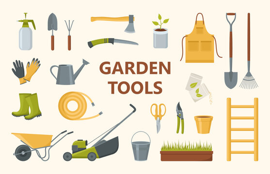 A set of gardening equipment, tools and clothes. Vector illustration in flat style