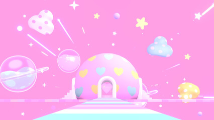 3d rendered cute outer space center with rainbow road and stars.