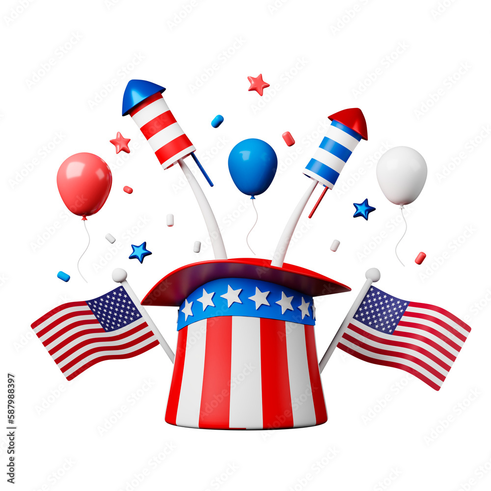 Canvas Prints usa independence day 3d illustration. fourth of july hat with fireworks and balloons.