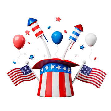 USA independence day 3d illustration. fourth of July hat with fireworks and balloons.