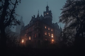 Spooky old gothic castle, foggy night, haunted mansion - obrazy, fototapety, plakaty
