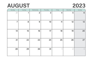 2023 August illustration vector desk calendar or planner weeks start on Monday in light green and gray theme - obrazy, fototapety, plakaty