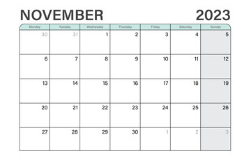2023 October illustration vector desk calendar or planner weeks start on Monday in light green and gray theme - obrazy, fototapety, plakaty