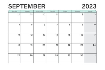 2023 September illustration vector desk calendar or planner weeks start on Monday in light green and gray theme