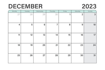 2023 December illustration vector desk calendar or planner weeks start on Monday in light green and gray theme - Powered by Adobe
