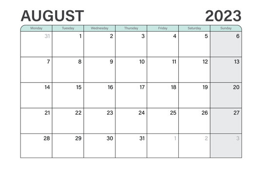 2023 August illustration vector desk calendar or planner weeks start on Monday in light green and gray theme