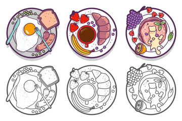 Breakfast plate vector cartoon top view icons set isolated on a white background.