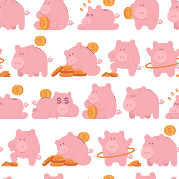 Piggy bank with gold coins vector cartoon seamless pattern background for wallpaper, wrapping, packing, and backdrop.