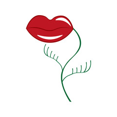 Creative flower isolated on white background. Flower with red lips. Simple spring flowers. 