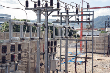Fototapeta na wymiar High voltage electric power plant current distribution substation
